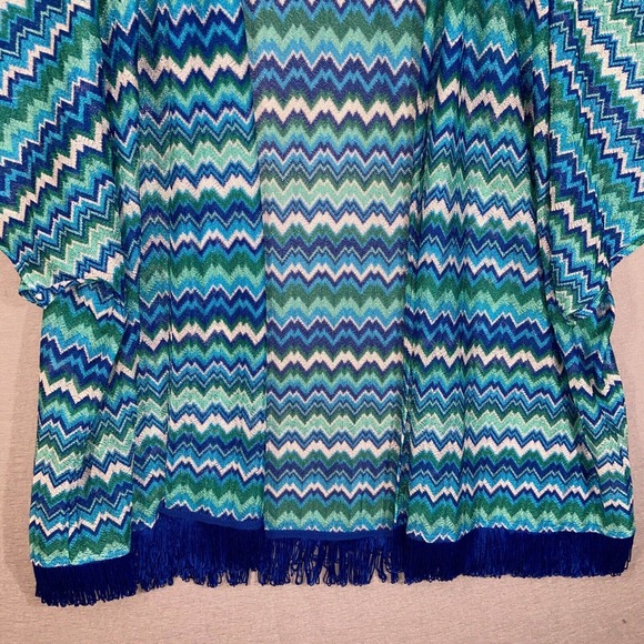 Susan Graver Cardigan Womens XL Blue Green Chevron Kimono Sleeve Tasseled Casual - Picture 2 of 14